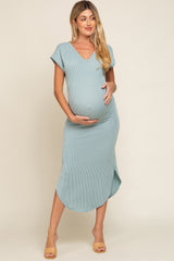 Mint Green Ribbed Twist Back Curved Hem Maternity Maxi Dress