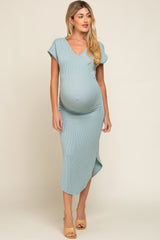 Mint Green Ribbed Twist Back Curved Hem Maternity Maxi Dress