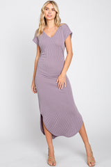 Lavender Ribbed Twist Back Curved Hem Maternity Maxi Dress