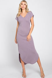 Lavender Ribbed Twist Back Curved Hem Maxi Dress