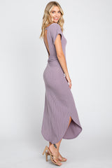 Lavender Ribbed Twist Back Curved Hem Maxi Dress