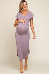 Lavender Ribbed Twist Back Curved Hem Maternity Maxi Dress