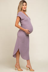 Lavender Ribbed Twist Back Curved Hem Maternity Maxi Dress