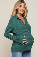 Hunter Green Ribbed Knit Collared Long Sleeve Maternity Top