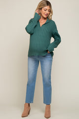 Hunter Green Ribbed Knit Collared Long Sleeve Maternity Top