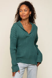 Hunter Green Ribbed Knit Collared Long Sleeve Top