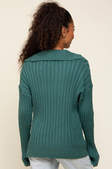 Hunter Green Ribbed Knit Collared Long Sleeve Top