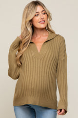 Olive Ribbed Knit Collared Long Sleeve Maternity Top