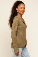 Olive Ribbed Knit Collared Long Sleeve Top