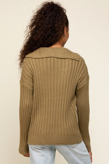 Olive Ribbed Knit Collared Long Sleeve Top