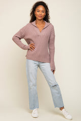 Mauve Ribbed Knit Collared Long Sleeve Top