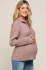 Mauve Ribbed Knit Collared Long Sleeve Maternity Top