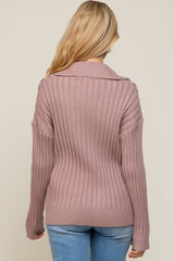 Mauve Ribbed Knit Collared Long Sleeve Maternity Top