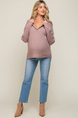 Mauve Ribbed Knit Collared Long Sleeve Maternity Top