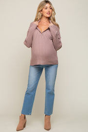 Mauve Ribbed Knit Collared Long Sleeve Maternity Top