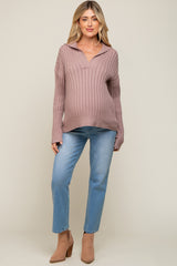 Mauve Ribbed Knit Collared Long Sleeve Maternity Top