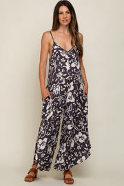 Charcoal Tropical Floral V-Neck Round Hem Maternity Jumpsuit