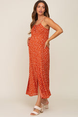 Rust Floral Side Slit Maternity Midi Dress