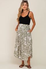 Light Olive Tropical Floral Smocked Waist Round Hem Maternity Midi Skirt