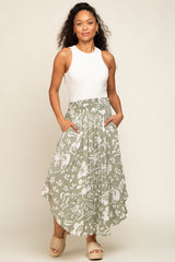 Light Olive Tropical Floral Smocked Waist Round Hem Maternity Midi Skirt