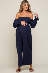 Navy Linen Smocked Off Shoulder Wide Leg Maternity Jumpsuit