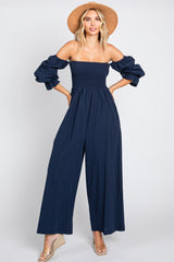 Navy Linen Smocked Off Shoulder Wide Leg Maternity Jumpsuit