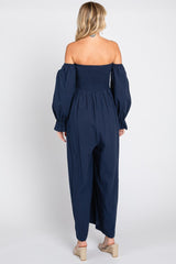 Navy Linen Smocked Off Shoulder Wide Leg Jumpsuit