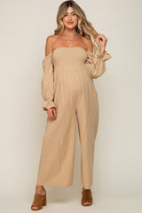 Beige Linen Smocked Off Shoulder Wide Leg Maternity Jumpsuit