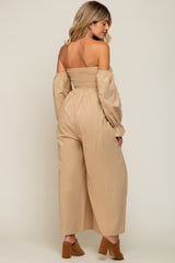 Beige Linen Smocked Off Shoulder Wide Leg Maternity Jumpsuit