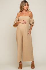 Beige Linen Smocked Off Shoulder Wide Leg Maternity Jumpsuit