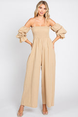 Beige Linen Smocked Off Shoulder Wide Leg Maternity Jumpsuit