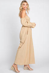 Beige Linen Smocked Off Shoulder Wide Leg Jumpsuit