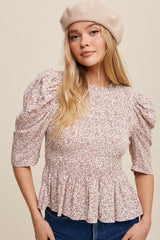 Taupe Flower Print Smocked Bodice Puff Sleeve Top