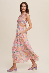 Pink Floral Bubble Textured Two-Piece Style Maxi Dress