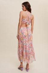 Pink Floral Bubble Textured Two-Piece Style Maxi Dress