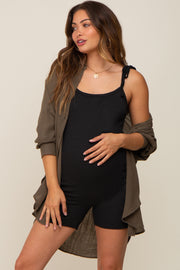 Black Ribbed Shoulder Tie Scoop Back Maternity Romper