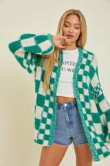 Green Checkered Maternity Cardigan Sweater