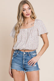 Cream Floral Square Neck Button Down Blouse