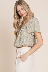 Sage Floral Square Neck Button Down Blouse