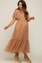 Mocha Dotted Tulle Smocked Maternity Midi Dress