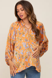 Orange Floral Ruffle Neck Puff 3/4 Sleeve Satin Maternity Top