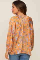 Orange Floral Ruffle Neck Puff 3/4 Sleeve Satin Maternity Top