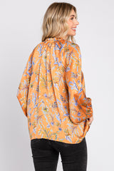 Orange Floral Ruffle Neck Puff 3/4 Sleeve Satin Top