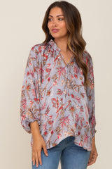 Grey Floral Ruffle Neck Puff 3/4 Sleeve Satin Maternity Top