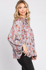 Grey Floral Ruffle Neck Puff 3/4 Sleeve Satin Top