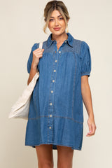 Blue Denim Smocked Button Up Maternity Dress