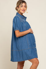 Blue Denim Smocked Button Up Maternity Dress