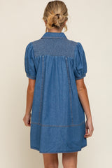 Blue Denim Smocked Button Up Maternity Dress