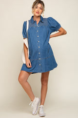 Blue Denim Smocked Button Up Maternity Dress