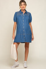 Blue Denim Smocked Button Up Maternity Dress